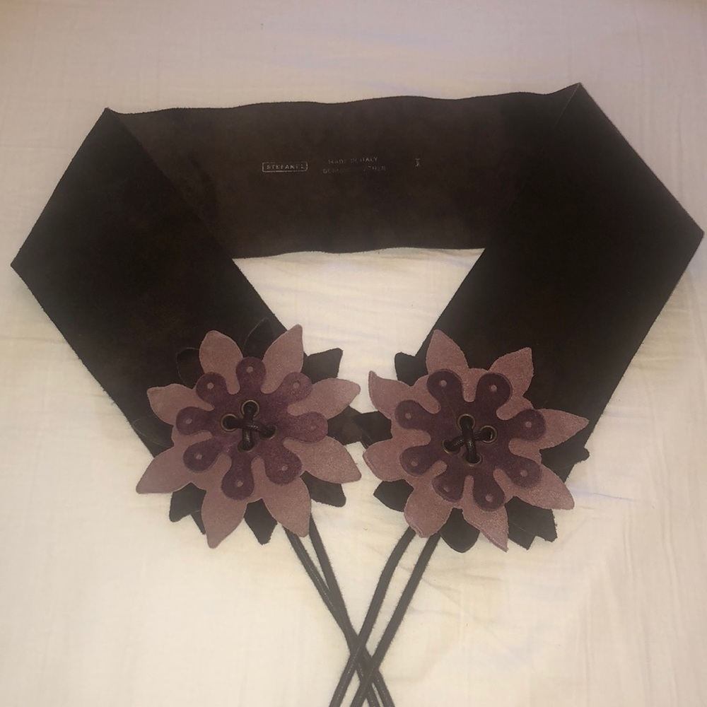 Genuine leather brown suede flower wrap belt